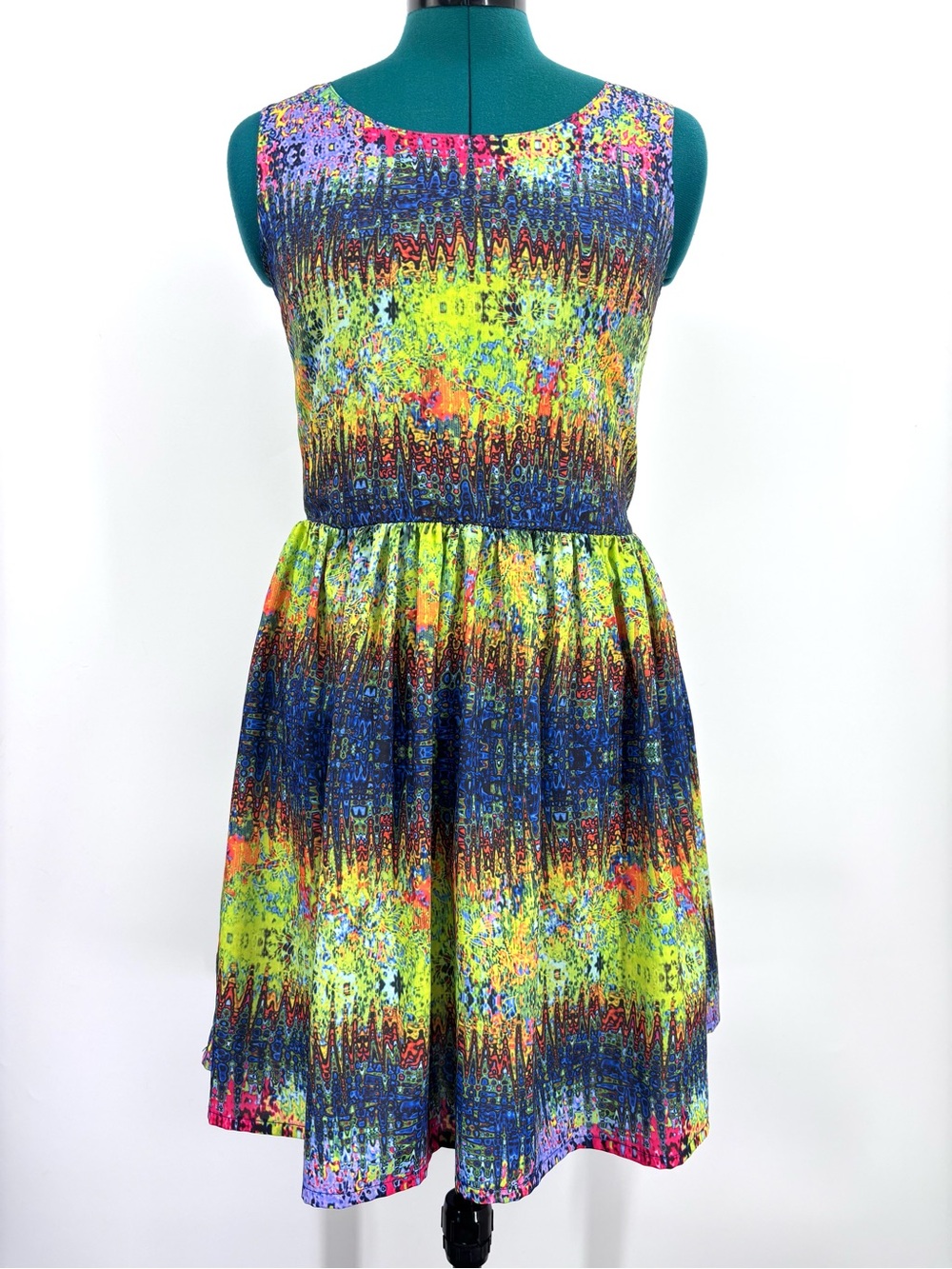 Lavand. Neon Yellow Abstract Print Sleeveless Fit and Flare Mini Dress, Medium